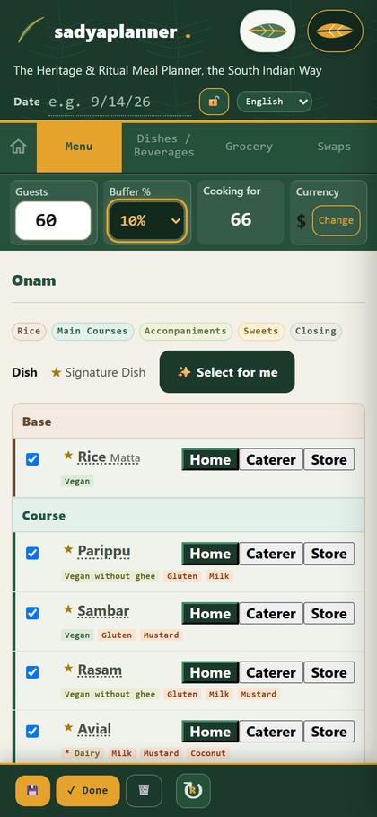 The Menu tab with 60 guests and a 10% buffer, cooking for 66