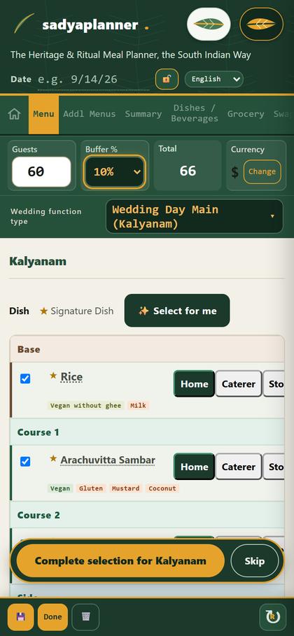 The wedding menu for the Wedding Day, Kalyanam